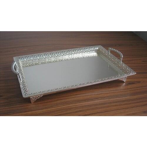 19.5x13.5" large rectangle silver plated alloy metal serving tray fruit dish decorative storage tray floral cut-out handle 320L