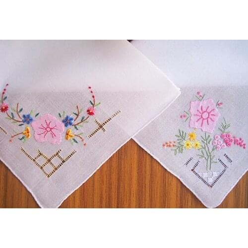 White Handmade Handkerchief Cotton Vintage Thin Soft Ladies Applique Embroidered Flower Hankies Shantou 28cm Kids Mocket