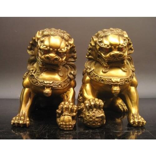 Free Shipping 15cm Solesale bronze Copper crafts Auspicious Large copper lion decoration a pair lucky feng shui