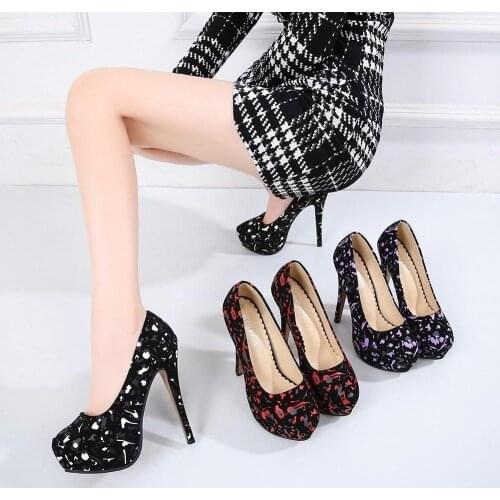 Spring and Autumn Women Platform Heels 14cm Flock Small round Shoen Woman Pumps Fetish Shoes 2020 Plus Size 35-46 Party