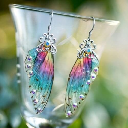 Fairy Delicate Butterfly Cicada Wing Earrings Colorful Resin Rhinestone Glitter Drop Earrings Romantic Temperament Jewelry