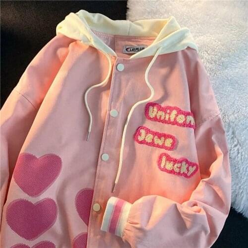 Flocking Heart Letter Print Hooded Jackets Thin Women 2021 Autumn Asthetic Coat Female Girls Cute Loose Vintage Short Outerwear