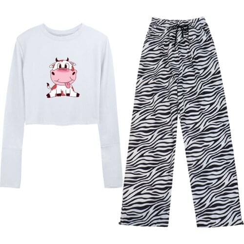 All-match Kawaii Cow Crop Top High Waist Sweatpant Cotton Harajuku Casual Aesthetic T Shirt Long Sleeve Women Stripe Goth Pants