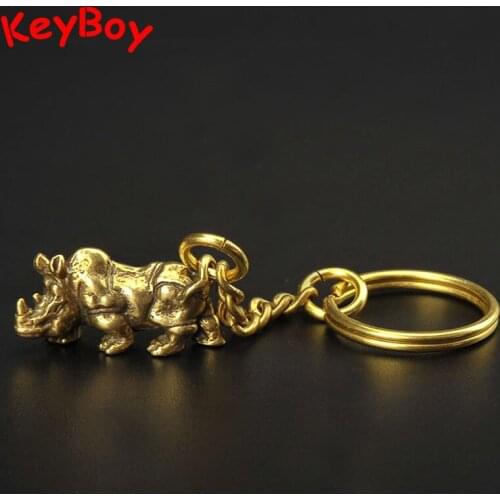 Brass Little Rhino Vintage Keychain Pendants Solid Pure Copper Gifts Rhinoceros Car Key Chain Rings Hanging Ornaments Fashion