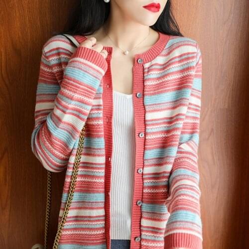 Hot sale round neck womens cardigan loose short striped knitted 100% wool sweater comfortable soft jacket Sweater multicolor