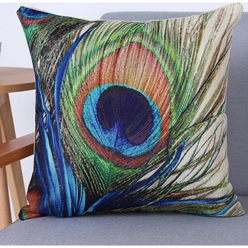 Linen Pillow Case 45cm Artificial Peacock print Decorative Cushion Cover in Home Sofa Bed Car Green F5374