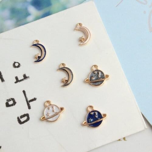 Min order 10pcs Enamel Alloy Gold Tone Moon Charms 13*15MM Cute Kawaii Saturn Oil Drop Keyring Earring Floating Pendant Charms