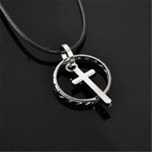 Fashion Tire Pendant Necklace Men Women Silver Color Vintage Retro Cross Necklaces Pendants With Leather Rope Chain Jewelry