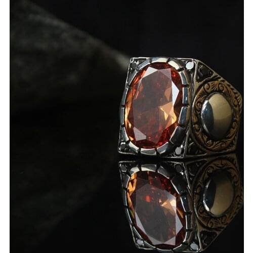 Orange Zircone Traditional Turkish 925 Sterling Silver Special Craft Handmade Signet Ring Jewelry Gift From Turkey for Women Men