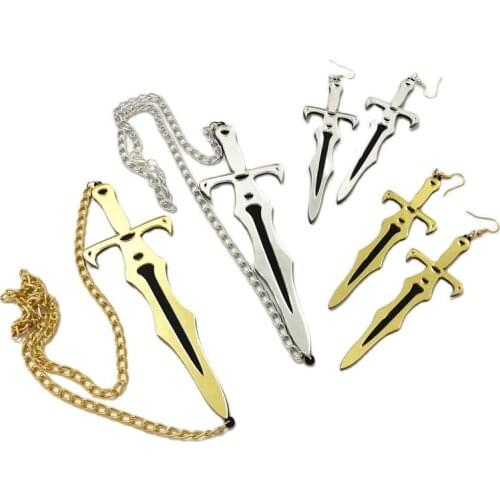2021 New Long Sword Mirror Necklace and Earring Sets Acrylic Gold Silver Color Jewelry Women Men Fashion Accessories