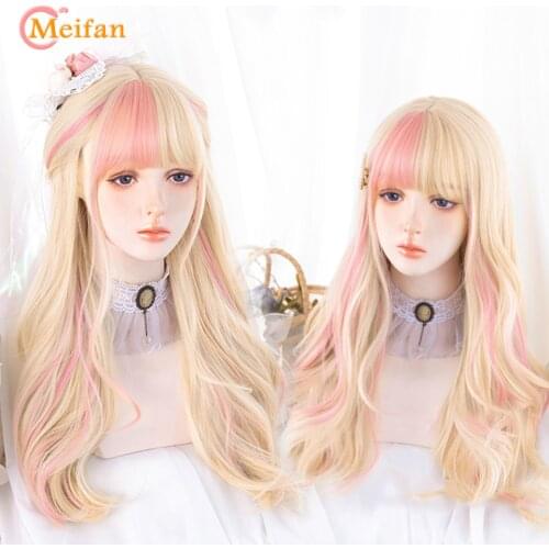 MEIFAN Synthetic Long Colorful Ombre Lolita Harajuku Wig With Bangs Natural Wavy Pink Purple Blue Cosplay Part Daily Wigs