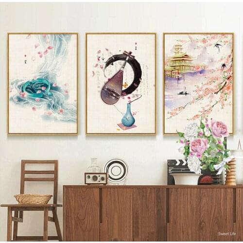 Japan Style watercolor Landscape Pink Flower Cherry Canvas Painting poster Art Wall Creative Picture For Living Room Home Decor