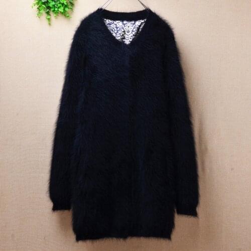 Heavy thick warm winter medium long black mink cashmere loose cardigans button angora rabbit fur knitted jacket coat sweater