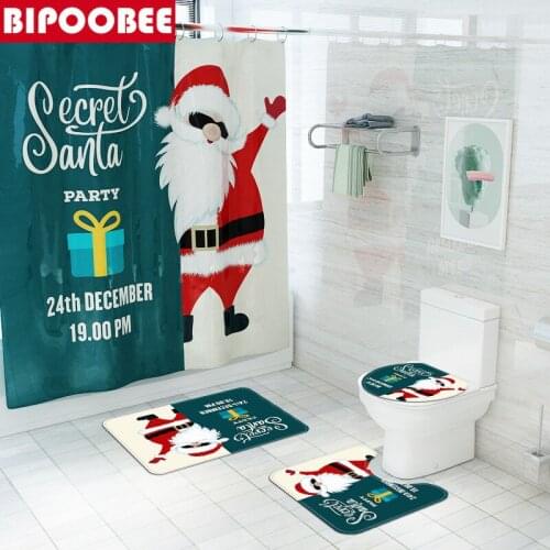 Merry Christmas Bathroom Shower Curtain Santa Claus Bath Mat Set Cover Toilet Lid Anti-slip Carpet Bathtub Curtains with Hooks