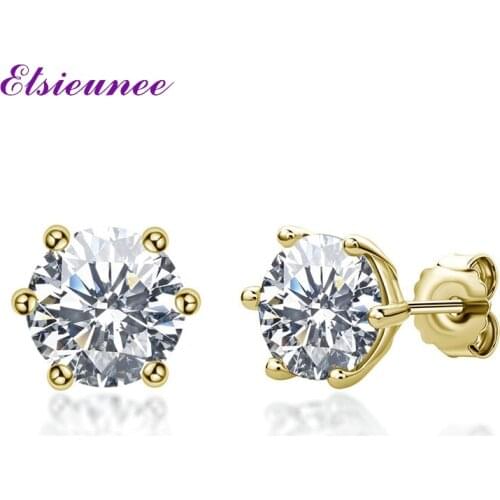 ELSIEUNEE 100% 925 Sterling Silver Gold Color 0.5-1CT D Color Real Moissanite Stud Earrings Girls Wedding Fine Jewelry Wholesale