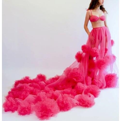 Sexy Hot Sale Two Piece Prom Dress 2021 Spaghetti Straps Long Ruffled Tulle Evening Party Dresses for Women Vestidos De Gala