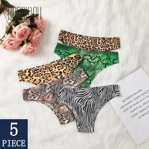 BANNIROU 5 Pcs Prints Leopard Panties Woman Underwear Sexy Seamless Sports Female T-back G-string Thongs For Woman Ice Silk New