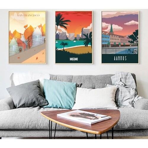 Vintage Poster Cartoon City Landscape Art Canvas Painting The Morning of City Denmark New York Wall Picture Print Home Decor