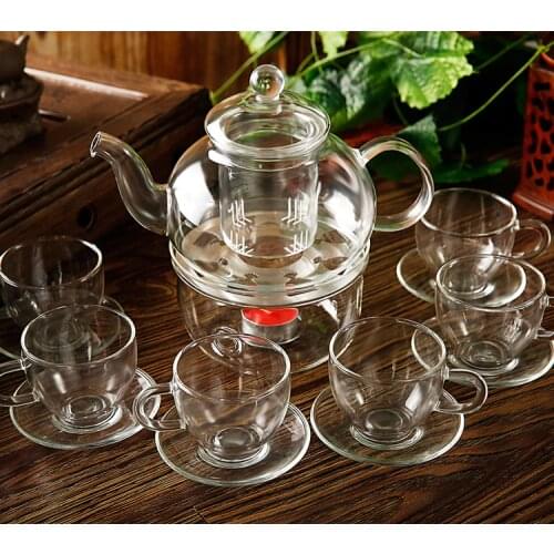 High Grade 14pcs/set High Temperature Resistant Glass Teapot Set 1pc 600ml Teapot 1pc Warmer 6pc Cups 6pc Saucers JO 1051