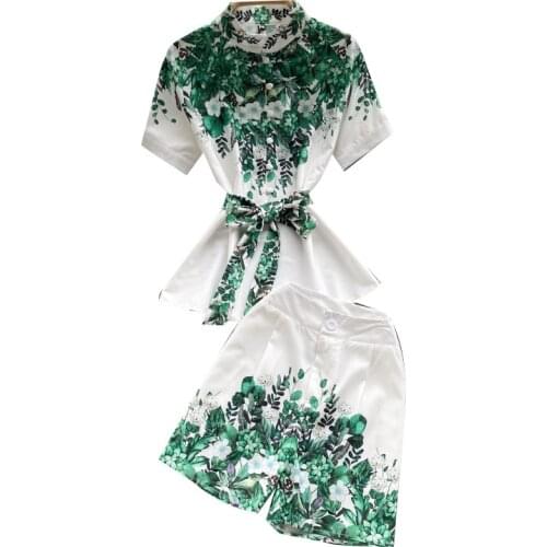 New Fashion Green Floral Printed Shirt High Waist Shorts 2 Piece Set Women Elegant Belted Stand Collar Shirt Two Piece Sets