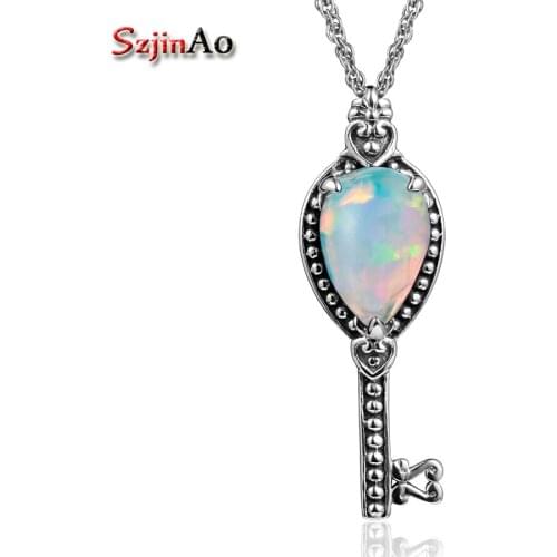 Szjinao Vintage Women SIlver Pendant Opal Real 925 Sterling Silver Gemstone Pendant Key Shape Handmade India Jewelry Christmas