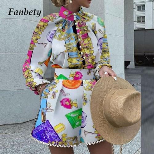 Elegant Printed Stand-Up Collar Button Shirt + Fashion Pocket Shorts Suits 2021 Autumn Vintage New Long Sleeve Women 2 Piece Set