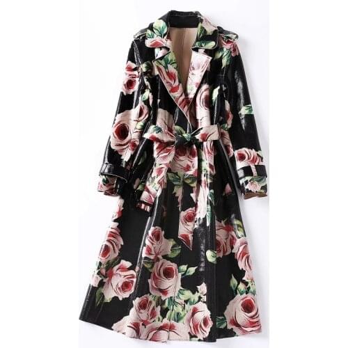 XXL Long Coat Trench 2021 Autumn Winter Casual Overcoats Women Charming Floral Print Adjustable Belt Suede Leather Coats Outwear