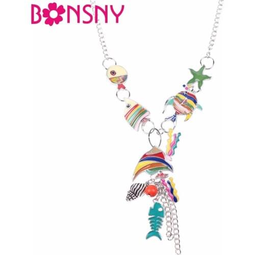 Bonsny Enamel Starfish Sea Fish Maxi Necklace Pendants Statement Choker Chain Collar 2017 New Fashion Jewelry For Women Bijoux