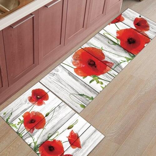 2Pcs/Set Vintage Wood Red Flowers Poppy Kitchen Carpet Mat Floor Door Mat Anti-slip Mats Home Entrance Front Door Doormats
