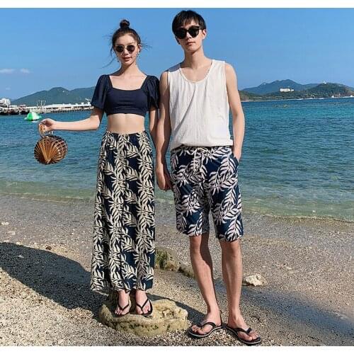 2021 Summer New Vacation Couple Swimsuit Vintage Floral Wide Leg Pants 3 Piece Set Sexy Backless Swimwear Women Men Beach Pants