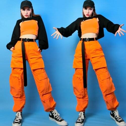 2021 Hip Hop Jazz Dance Clothes For Women Long Sleeves Tops Orange Cargo Pants Nightclub Dj Stage Performance Costume DNV15050