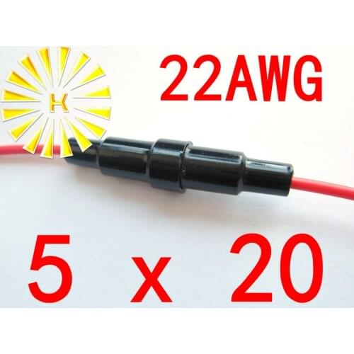 FREE SHIPPING 50PCS x #22 Wire 5*20mm Black Plastic Fuse Holder With 22AWG Red Cable