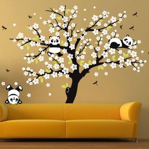 Large Tree Wall Stickers Peach Blossom Flower Panda Decals Living Room Background Hand Painted Carved Wall Decor Art Wallpaper
