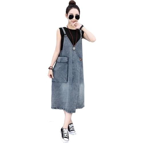 Large pocket strap dress female 2020 spring and summer new loose large size womens denim strap dress fashion slim