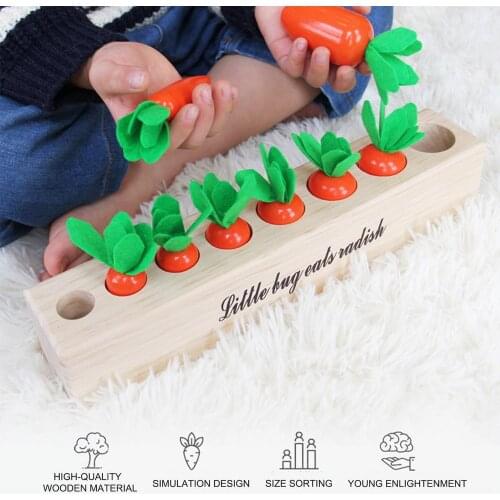 Baby Montessori Toys Wooden Block Happy Farm Pulling Carrot Shape Matching Size Cognition Montessori Educational Toy Gift Kids