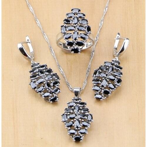 Hyperbole Black Cubic Zirconia 925 Sterling Silver Jewelry Set For Women Party Earrings/Pendant/Necklace/Ring