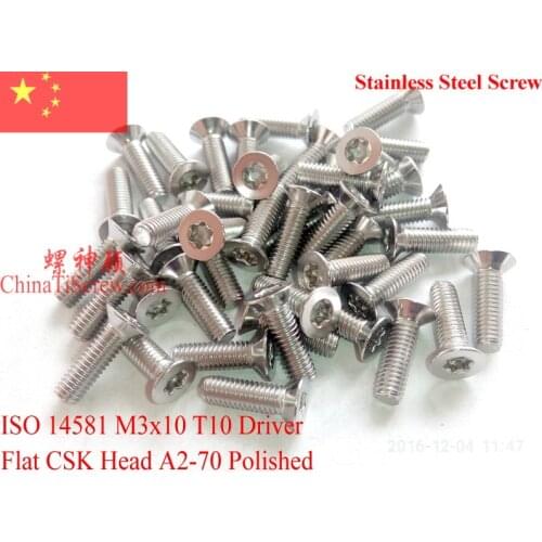 ISO 14581 Stainless Steel screws M3x10 Torx T10 Driver Flat Head A2-70 Polished ROHS 100 pcs