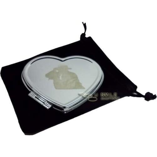 ENGRAVED HEART COMPACT MIRRORS WITH BLACK VELVET POUCHES WEDDING XMAS GIFTS #18038