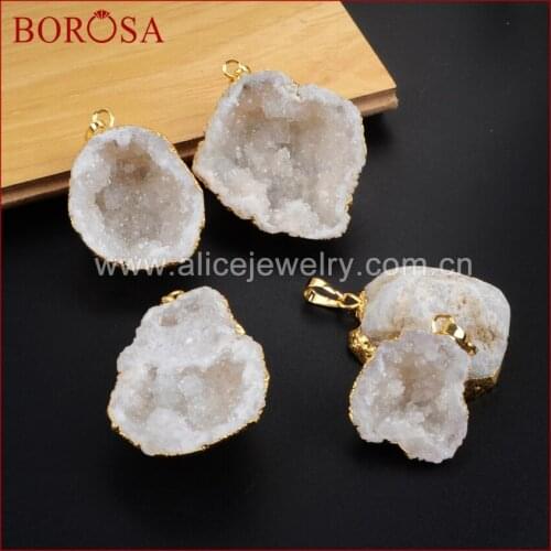 BOROSA Crystal Drusy Pendant Beads for Necklace, Gold Color Edge Freeform Cave Shape Natural Crystal Druzy Pendant G1187
