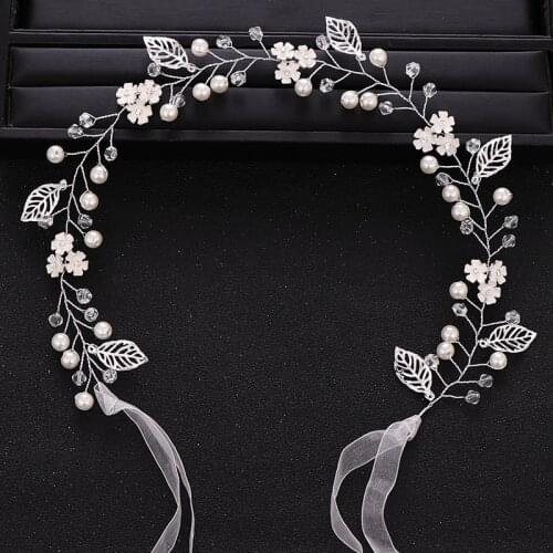 Trendy Wedding Hair Accessories Silver Color Leaf Crystal Pearl Headband Bridal Hair Accessories Handmade Party Prom Headwear