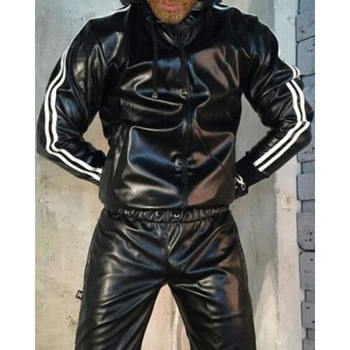 Mens Leather Gloss Jacke Jacket Hoodie Jogging Suit Sportswear