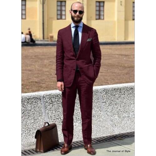 2018 Tailored Made Burgundy Pink Linen Men Suit Slim Fit 2 Piece Groom Tuxedo Blazer Wedding Suits Terno Masculino Jacket+Pant