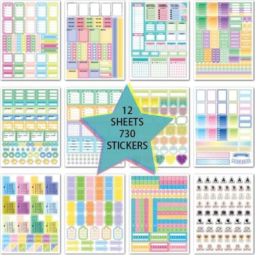 730Pcs Planner Stickers for Diary Accessories Stickers Notebook DIY Material Scrapbooking Stickers for Notebooks Stationery