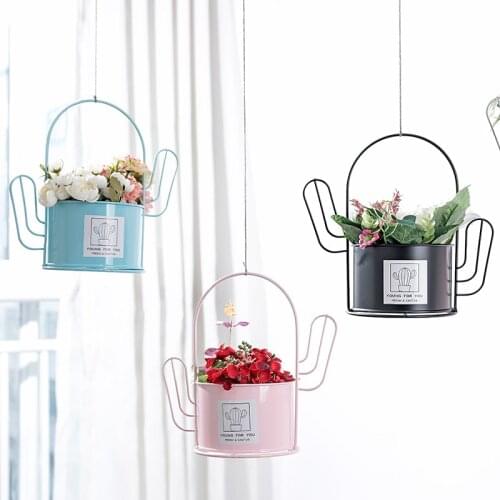 Nordic minimalist cactus flowerpot shelf desktop decoration creative succulent potted handle iron flower bucket plant pot stand