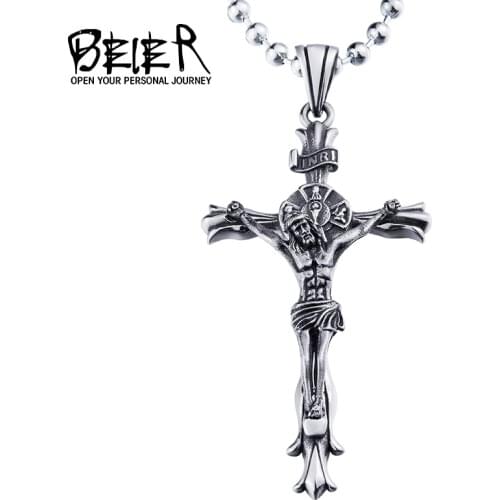 BEIER white/gold Catholic Religious Jesus Piece Cross Pendant Necklace For Men Gift Vintage Chain Christian Jewelry BP8-188