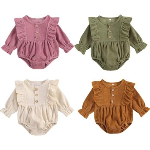 Baby Girls Solid Corduroy Bodysuits 0-24M Newborn Toddler Spring Fall Casual Cotton Long Sleeve O-Neck Ruffled Jumpsuits Outfits