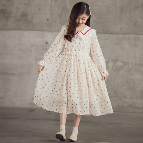 2021 Autumn Kids Dresses for Girl Heart Pattern Princess Dress Elegant Chiffon Teen Girls Dress with Lining Children Clothes