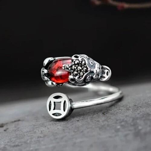 Original design pomegranate chalcedony brave open ring Chinese retro Thai silver domineering charm men and women jewelry