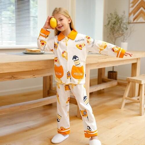 Girls Cotton Pajams Cute Cartoon Pattern Sleepwear Long Sleeve Cardigan Night Clothes Children Kids Home Clothing Suit 2 Piece