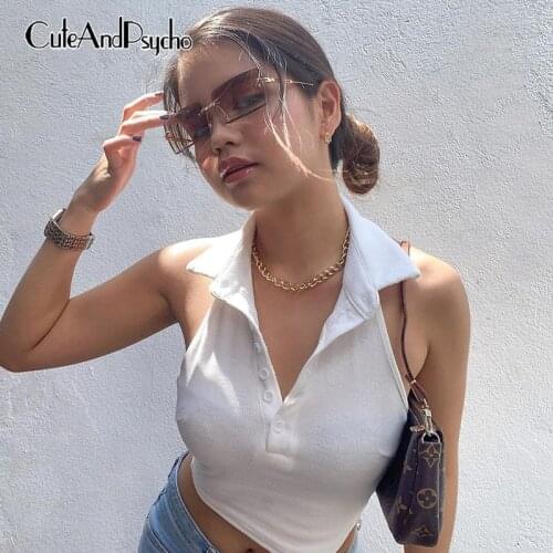 Casual Vintage Y2K Halter Camisole Summer Sexy Backless Solid Button Crop Shirts Korean Harajuku Cotton Tops Tee Cuteandpsycho